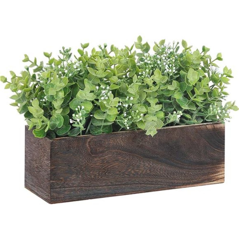 Artificial Eucalyptus in Rectangular Wood Box Potted Fake Plants Mantle Decor